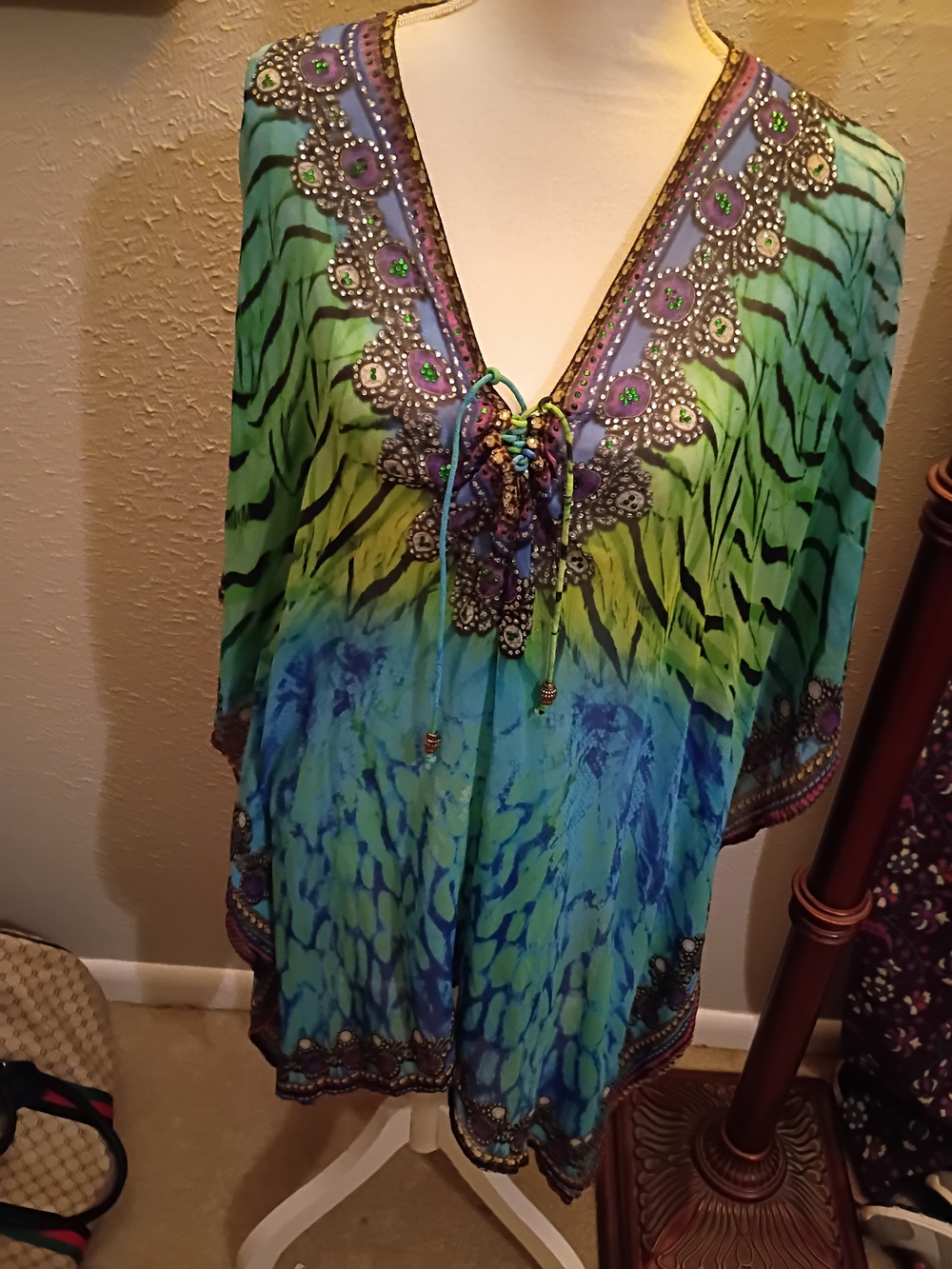 Women’s Green & Blue Embellished Swim Cover-Up Tunic